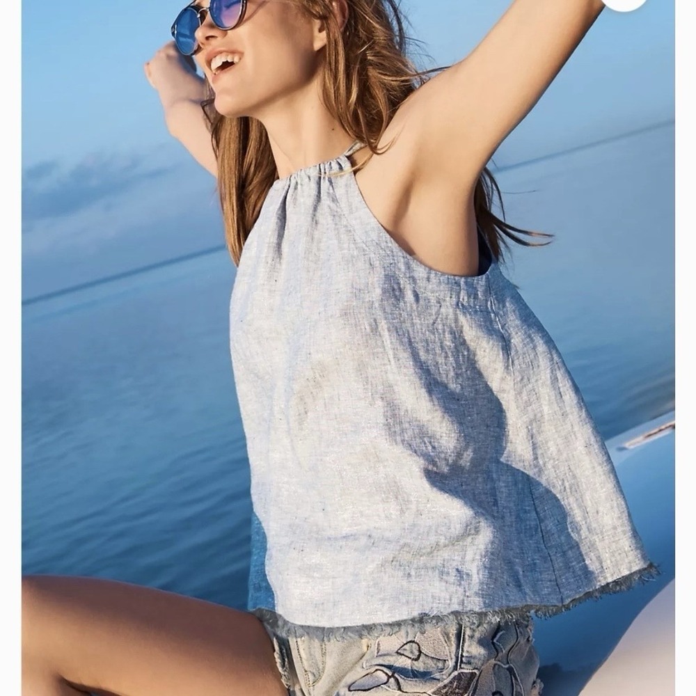 NWT Maeve Anthropologie Linen Sleeveless Swing‎ Top Blue Metallic Fringe Sz MD